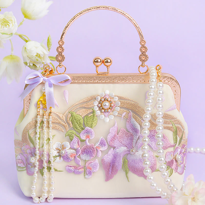 Buddhist Blessing Flowers Embroidered Tassel Pendant Pearl Metal Chain Crossbody Bag Handbags