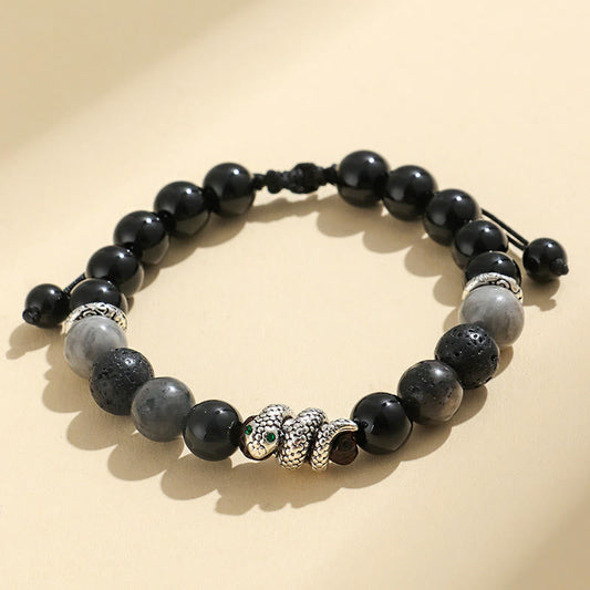 Buddhist Blessing Black Onyx Black Glitter Stone White Agate White Turquoise Year Of The Snake Protection Bracelet