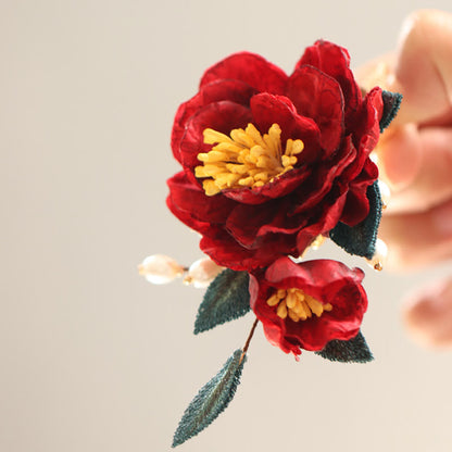 Buddhist Blessing Chinese Style Red Camellia Butterfly Hair Clip Hair Comb Hairpin Barrette Accessory