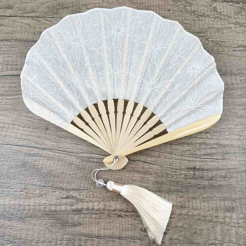 Buddhist Blessing Retro Large Flower Embroidery Shell Shape Tassels Handheld Bamboo Folding Fan