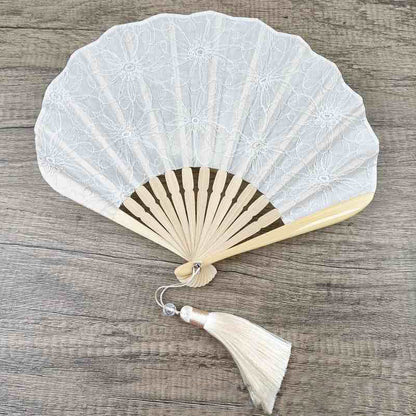 Buddhist Blessing Retro Large Flower Embroidery Shell Shape Tassels Handheld Bamboo Folding Fan