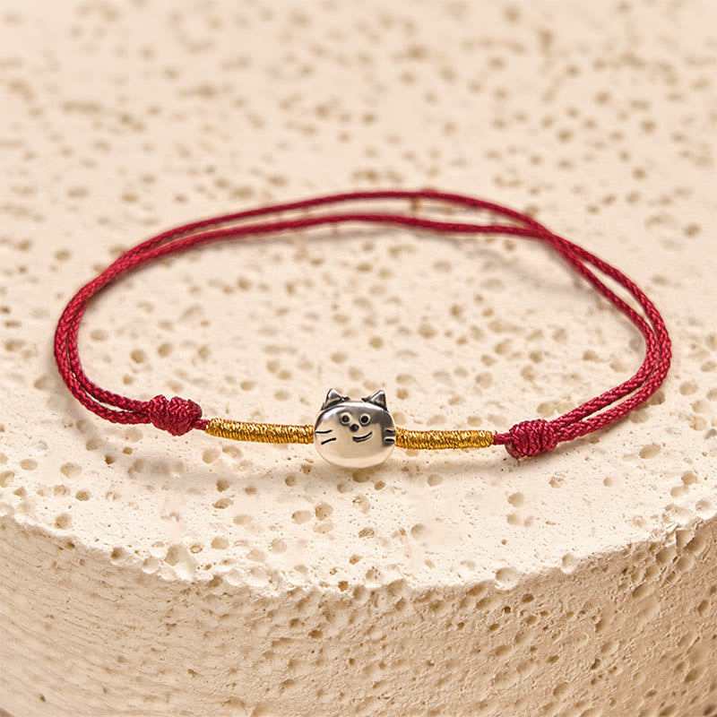 Buddhist Blessing 925 Sterling Silver Cute Cat Red String Braided Bracelet