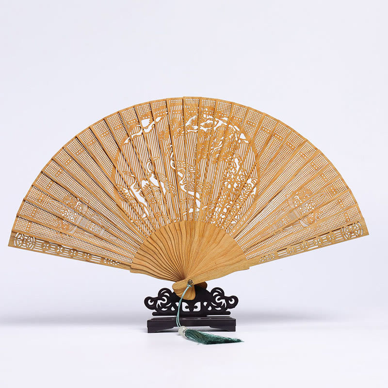 Buddhist Blessing Auspicious Clouds Crane Peacock Chang'e Moon Engraved Pattern Handheld Green Sandalwood Folding Fan