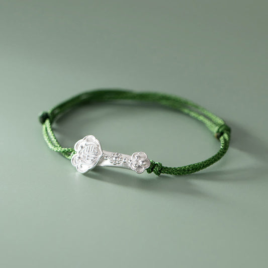 Buddhist Blessing Handmade 999 Sterling Silver Fu Character Wish Ruyi Handle Luck Braided Green Rope Bracelet