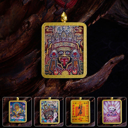 Buddhist Blessing Tibetan Zakiram Nine Tailed Fox Yellow God of Wealth Painted Thangka Hope Necklace Pendant