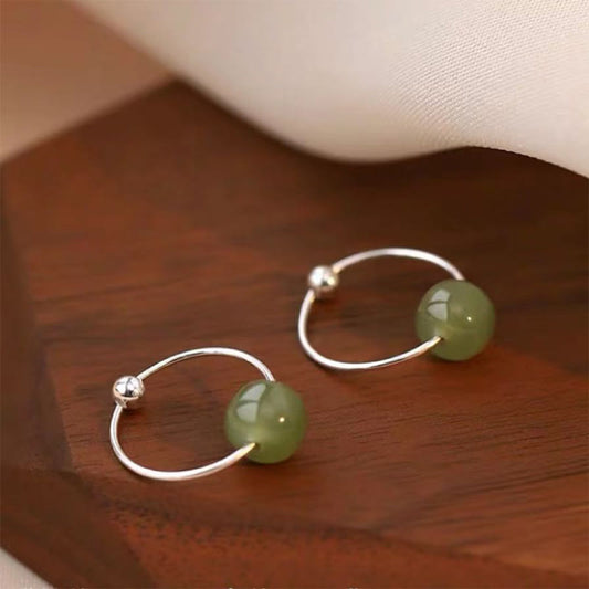 Buddhist Blessing 925 Sterling Silver Hetian Jade Bead Luck Earrings