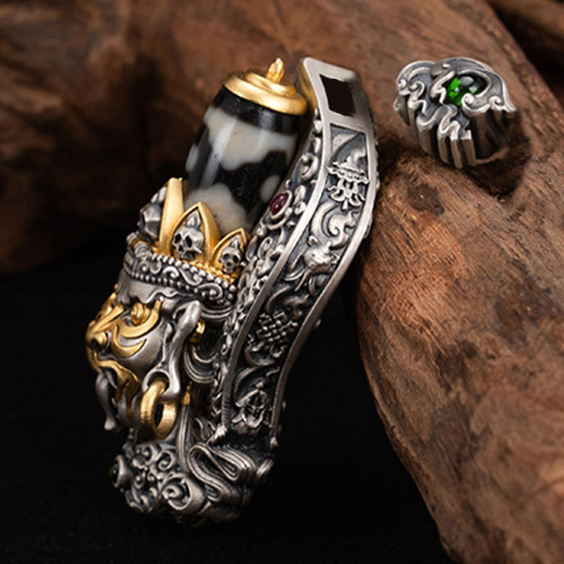 Buddhist Blessing 925 Sterling Silver Tibetan Zakiram Goddess of Wealth Dzi Bead Protection Necklace Pendant