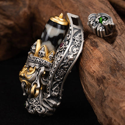 Buddhist Blessing 925 Sterling Silver Tibetan Zakiram Goddess of Wealth Dzi Bead Protection Necklace Pendant