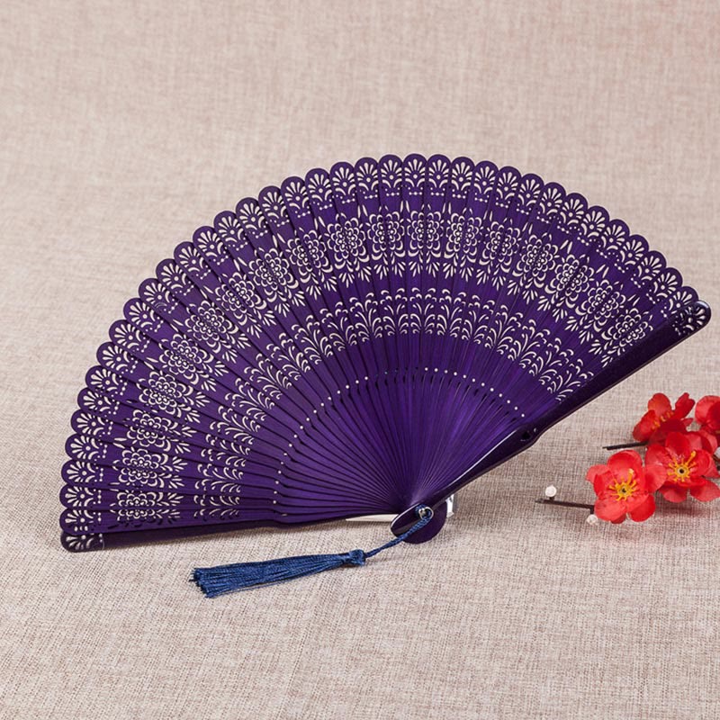 Buddhist Blessing Flower Engraved Hollow Handheld Bamboo Folding Fan 18cm