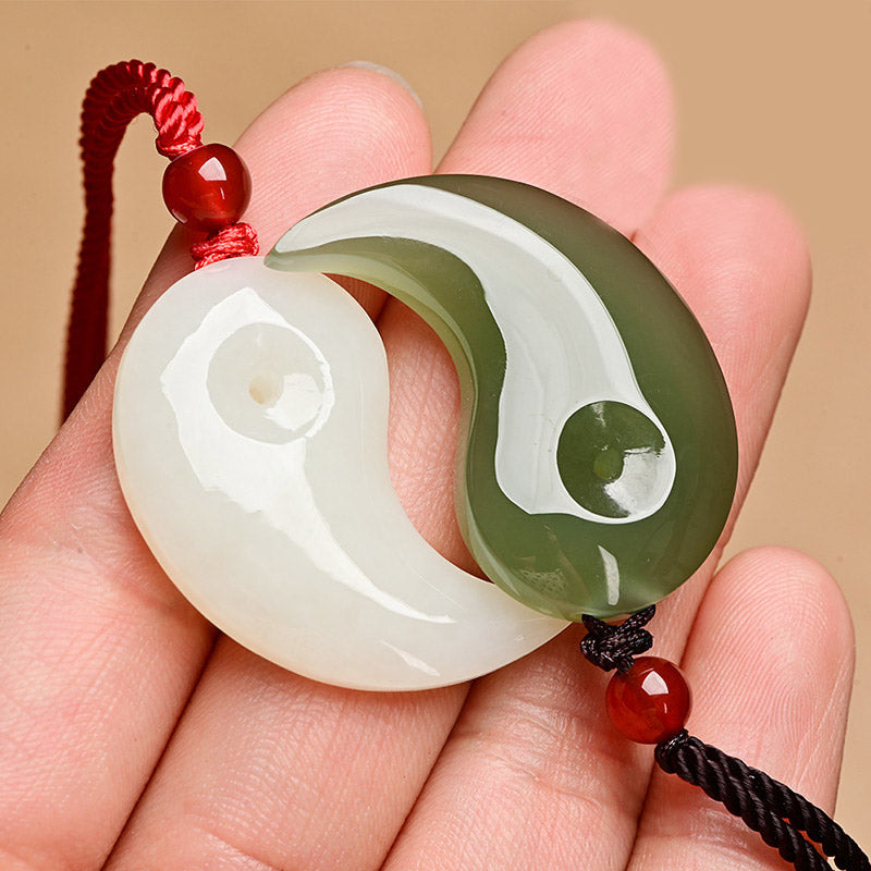 Buddha Stones Yin Yang White Jade Cyan Jade Protection Blessing Necklace String Pendant