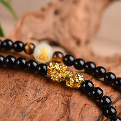 Buddha Stones Chinese Zodiac Obsidian PiXiu Protection Mala Bracelet
