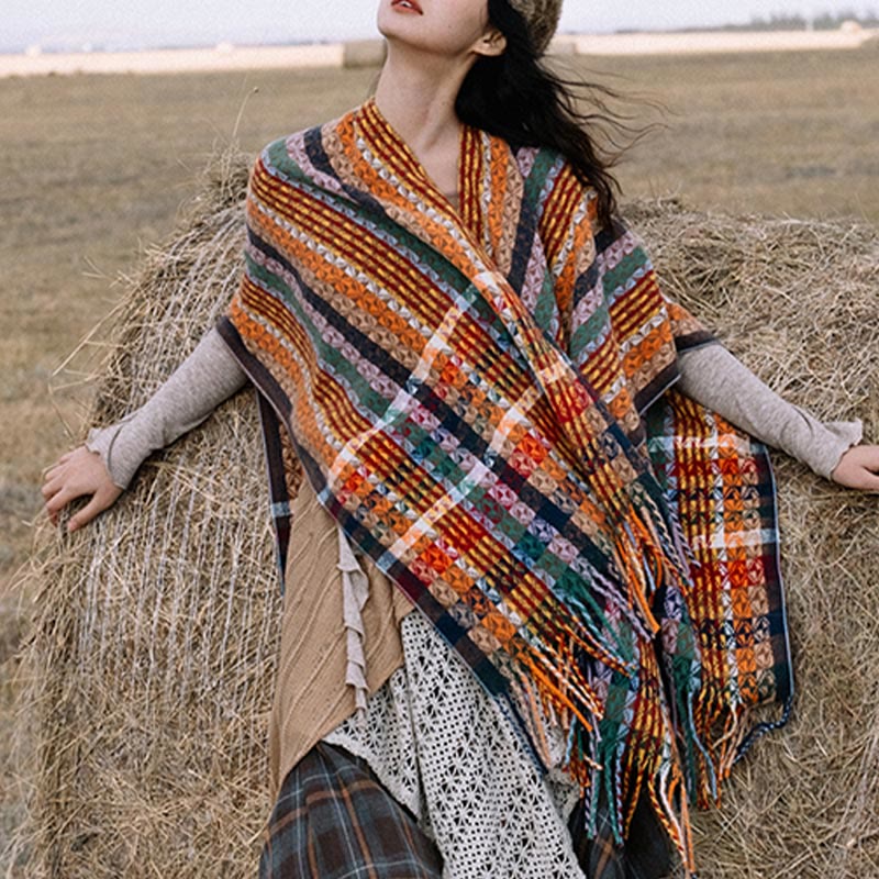 Buddhist Blessing Tibetan Colorful Stripe Geometry Tassels Shawl Fall Winter Soft Scarf Wrap