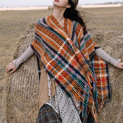 Buddhist Blessing Tibetan Colorful Stripe Geometry Tassels Shawl Fall Winter Soft Scarf Wrap