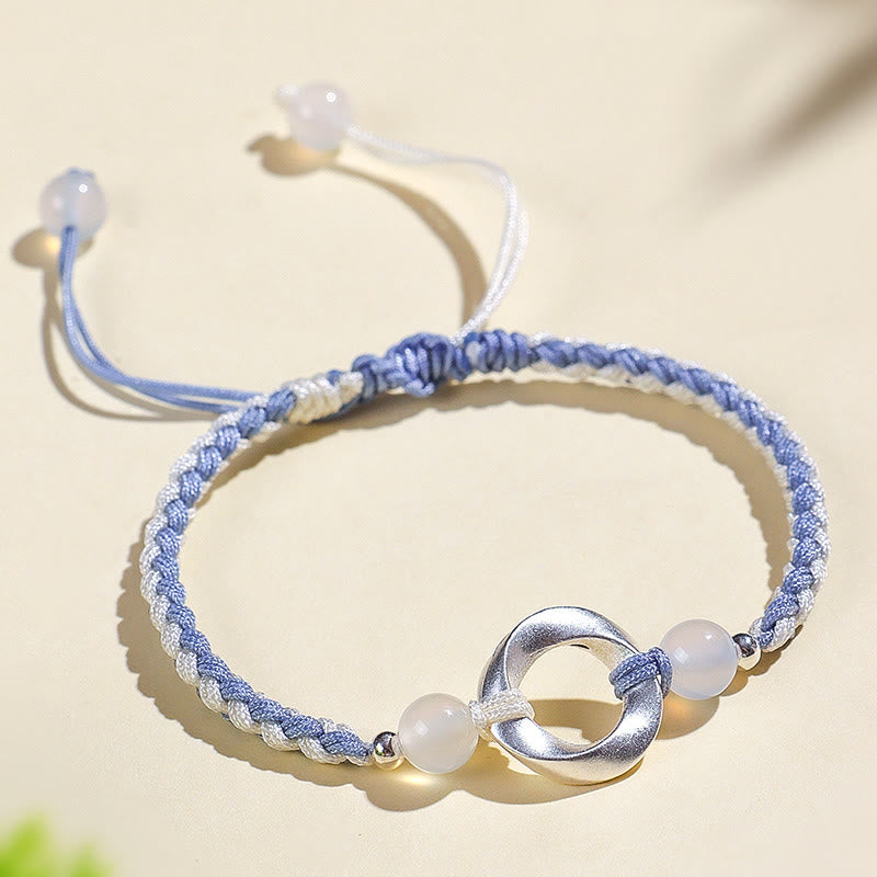 Buddhist Blessing 925 Sterling Silver Mobius White Agate Bead Braided String Protection Bracelet