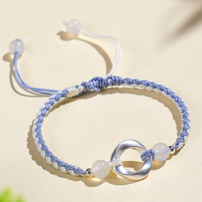 Buddhist Blessing 925 Sterling Silver Mobius White Agate Bead Braided String Protection Bracelet