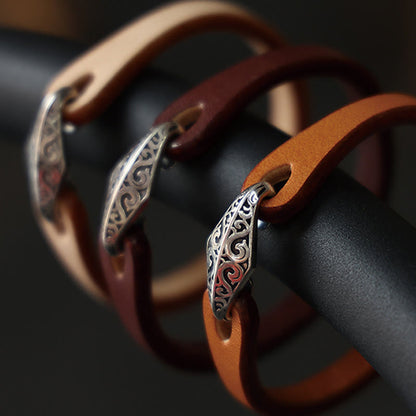 Buddhist Blessing 925 Sterling Silver Leather Multi-turn Protection Bracelet