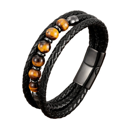 Buddhist Blessing Tiger Eye Lava Rock Hematite Black Onyx Bead Positive Leather Bracelet