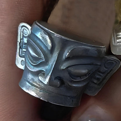 Buddhist Blessing 999 Sterling Silver Hand Casting Sanxingdui Mask Protection Ring