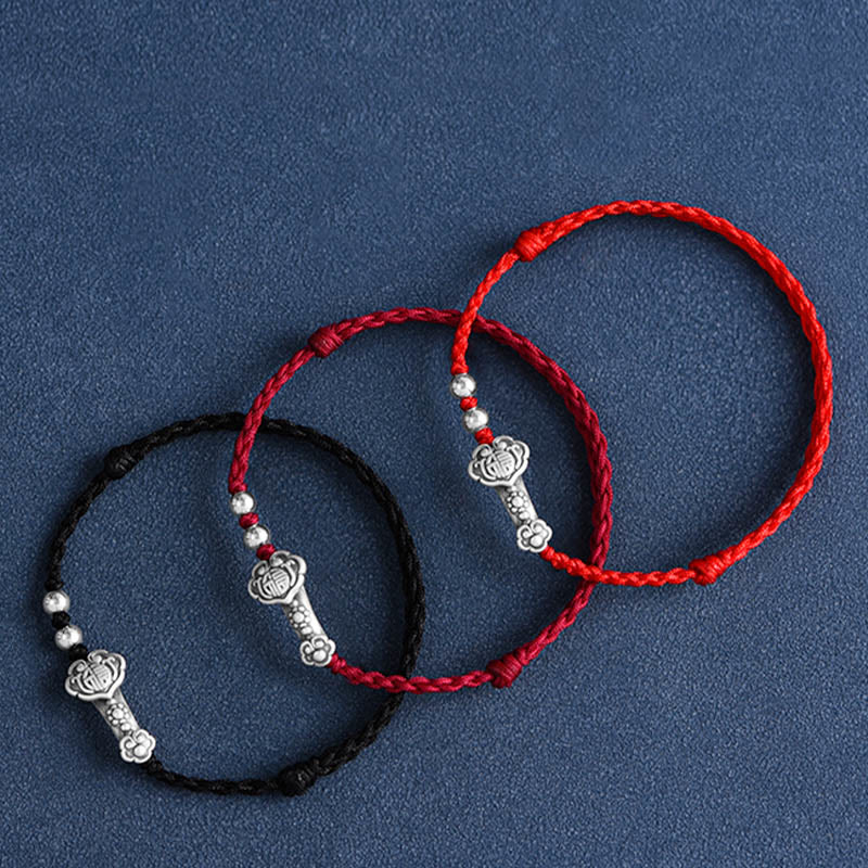 Buddhist Blessing Handmade 999 Sterling Silver Fu Character Wish Ruyi Handle Fortune Rope Bracelet Anklet