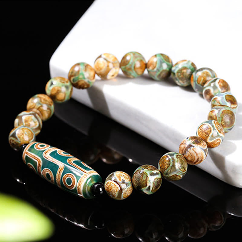 Buddhist Blessing Tibetan Nine-eye Dzi Bead Natural Sandalwood White Cat's Eye Agate Power Protection Bracelet