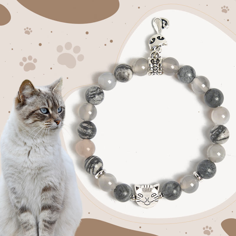 Buddhist Blessing Birman Cat Natural Grey Jasper Agate Bead Healing Bracelet