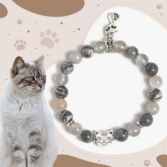 Buddhist Blessing Birman Cat Natural Grey Jasper Agate Bead Healing Bracelet