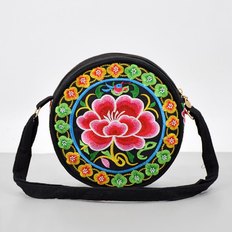 Buddhist Blessing Money Tree Galsang Inula Flower Peony Rose Peacock Double-Sided Embroidery Canvas Shopping Purse Handbag Crossbody Bag