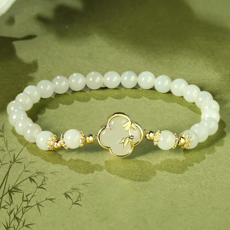 Buddhist Blessing Hetian Jade 925 Sterling Silver Four Leaf Clover Bamboo Luck Bracelet