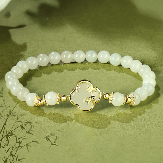 Buddhist Blessing Hetian Jade 925 Sterling Silver Four Leaf Clover Bamboo Luck Bracelet