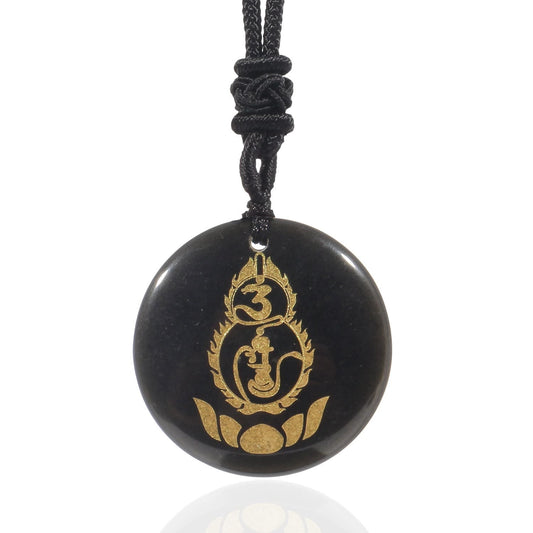 Buddhist Blessing Gourd Lotus Pedestal Pattern Vajra Protection Mantra Natural Various Crystal Black Obsidian Fulfilment Necklace Pendant