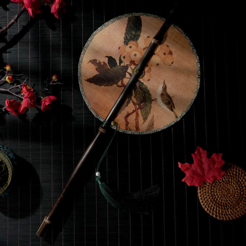 Buddhist Blessing Handmade Flowers Peach Loquat Bird Crane Butterfly Pattern Long Purple Bamboo Handle Portable Curlable Fan