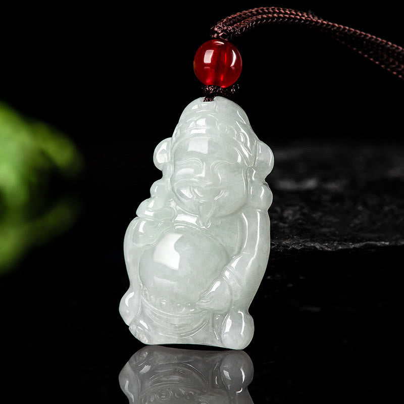 Buddhist Blessing Natural Jade Chinese God of Wealth Caishen Ingot Luck Necklace Pendant