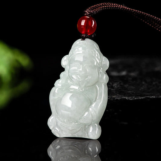 Buddhist Blessing Natural Jade Chinese God of Wealth Caishen Ingot Luck Necklace Pendant