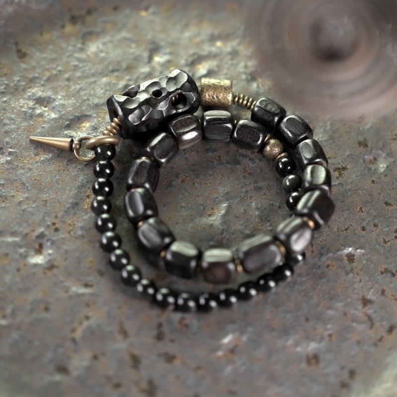 Buddhist Blessing Ebony Wood Black Obsidian Copper Brass Peace Double Wrap Bracelet