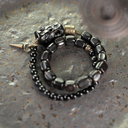 Buddhist Blessing Ebony Wood Black Obsidian Copper Brass Peace Double Wrap Bracelet