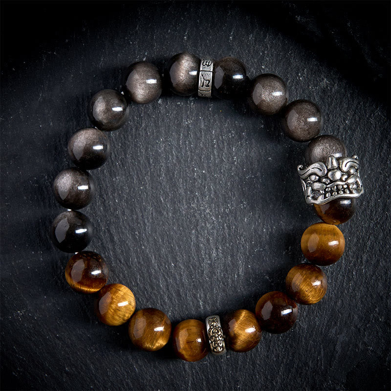 Buddhist Blessing Tiger Eye Silver Sheen Obsidian Om Mani Padme Hum Horse PiXiu Beast Courage Bracelet