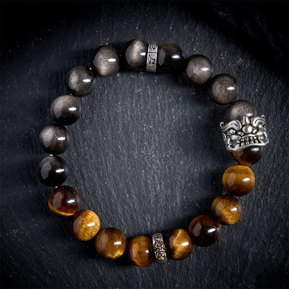 Buddhist Blessing Tiger Eye Silver Sheen Obsidian Om Mani Padme Hum Horse PiXiu Beast Courage Bracelet