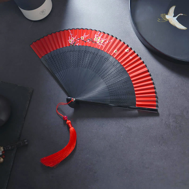 Buddhist Blessing Flower Rabbit Spray Painting Handheld Cotton Linen Fabric Bamboo Folding Fan