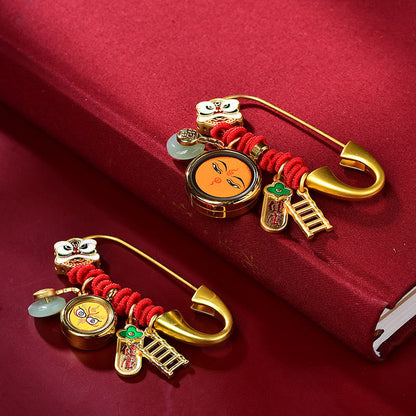 Buddhist Blessing Tibetan Dancing Lion Jade Peace Buckle Fu Character Safe And Well Copper Luck Brooch