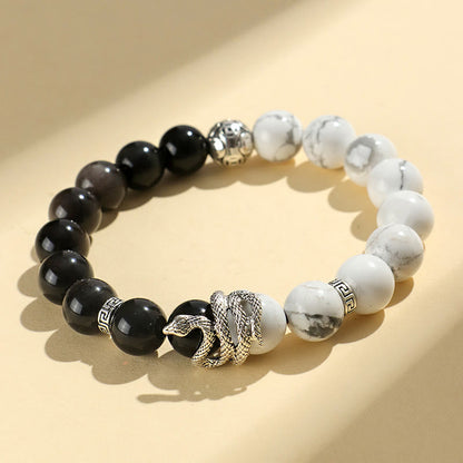 Buddhist Blessing Natural Silver Sheen Obsidian White Turquoise Grey Jasper Snowflake Obsidian Year Of The Snake Protection Bracelet