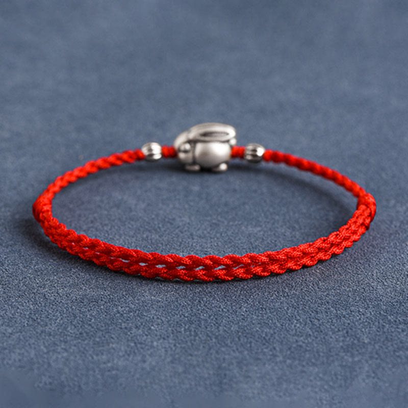 Buddhist Blessing Handmade 999 Sterling Silver Rabbit Luck Rope Bracelet Anklet