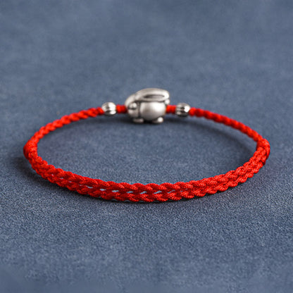 Buddhist Blessing Handmade 999 Sterling Silver Rabbit Luck Rope Bracelet Anklet