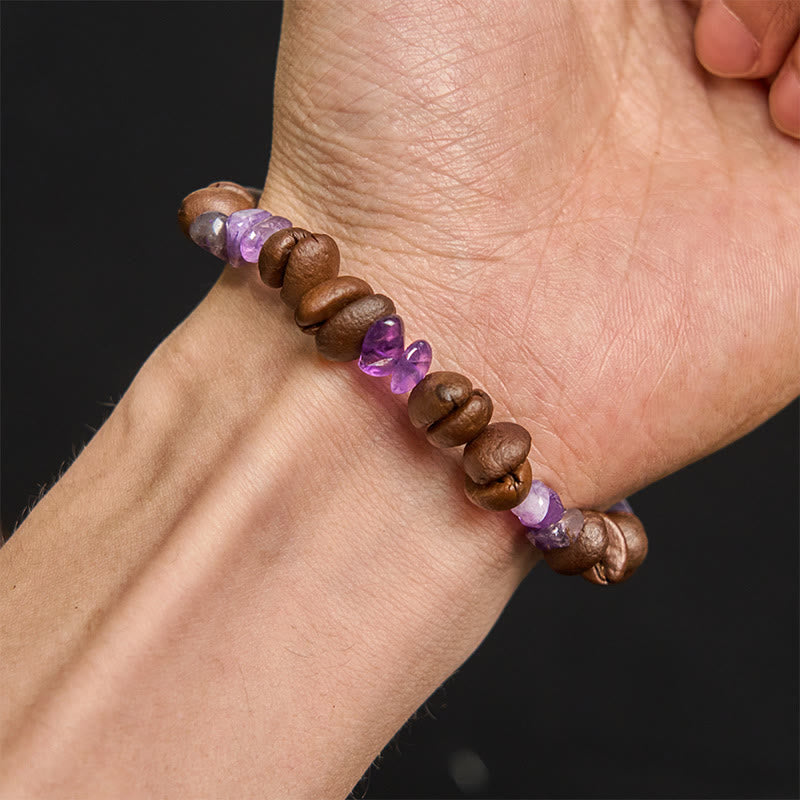 Buddhist Blessing Handmade Natural Coffee Beans Amethyst Citrine Amazonite Irregular Crystal Bracelet