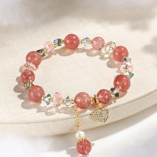 Buddhist Blessing Strawberry Quartz White Crystal Pearl Liuli Heart Healing Bracelet
