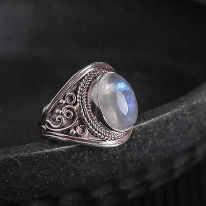 Buddhist Blessing 925 Sterling Silver Handmade Natural Moonstone Healing Adjustable Ring