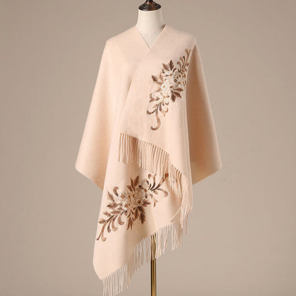 Buddhist Blessing Wool Shawl Begonia Embroidery Tassel Winter Cozy Travel Scarf Wrap