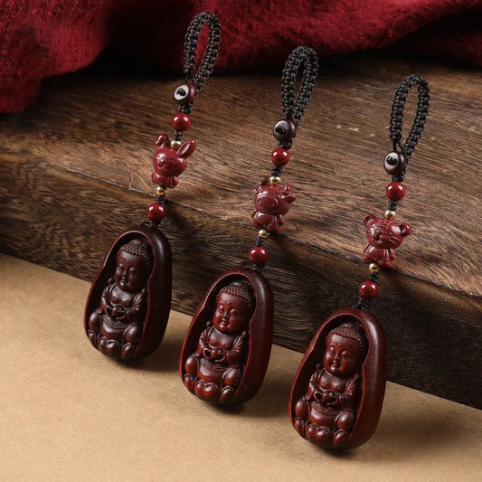 Buddhist Blessing Small Leaf Red Sandalwood Buddha Cinnabar Chinese Zodiac Amulet Protection Key Chain