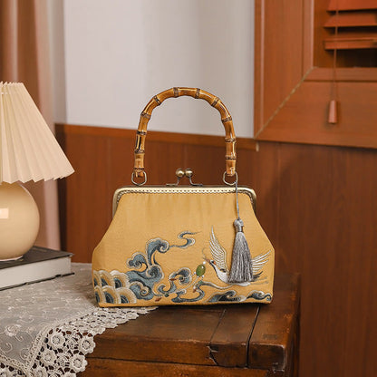 Buddhist Blessing Auspicious Clouds Cranes Embroidery Bamboo Handle Handbag Crossbody Bag
