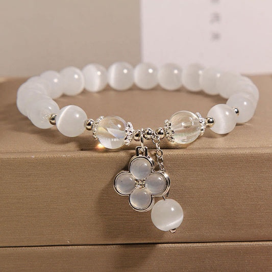 Buddhist Blessing Cat's Eye Crystal Lucky Four Leaf Clover Charm Love Bracelet