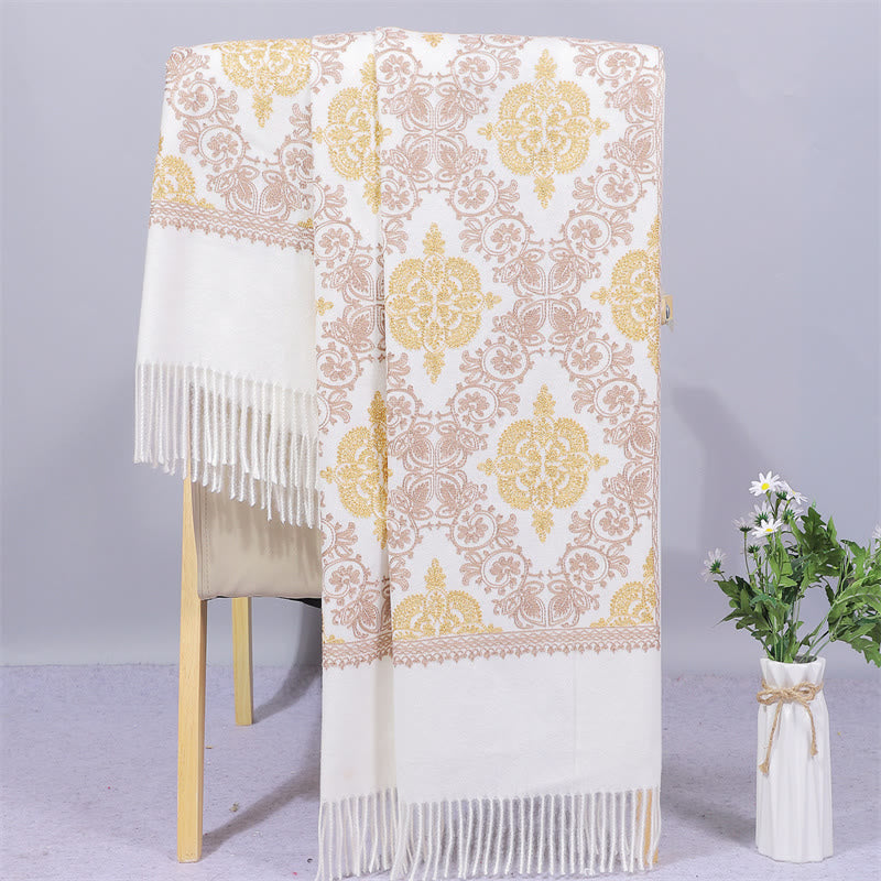 Buddhist Blessing Polyester Shawl Symmetry Gold Filigree Embroidery Tassel Winter Cozy Travel Scarf Wrap
